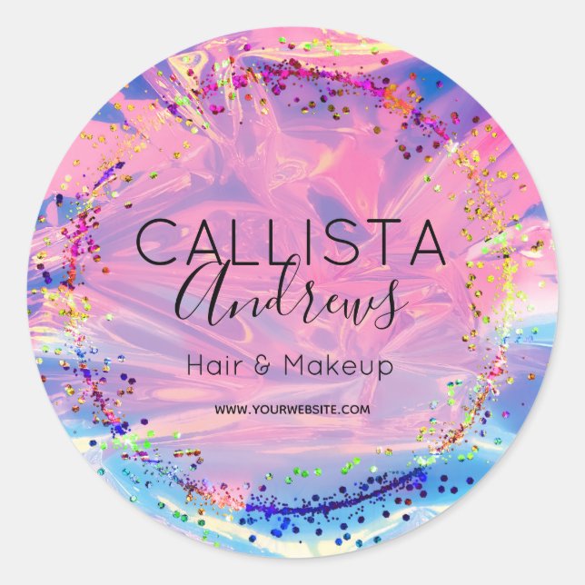 Adesivo Hológrafo Rosa Púrpura Glitter Confetti Classe de  (Frente)