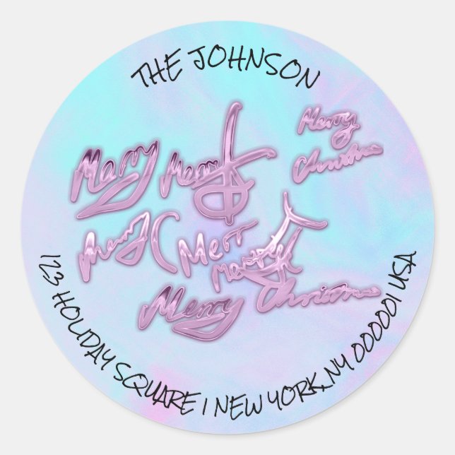Adesivo Holographic Blue Merry Christmas from Name Address (Frente)