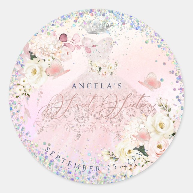 Adesivo Holographic Confetti Sweet 16 Blush Pink Gown (Frente)