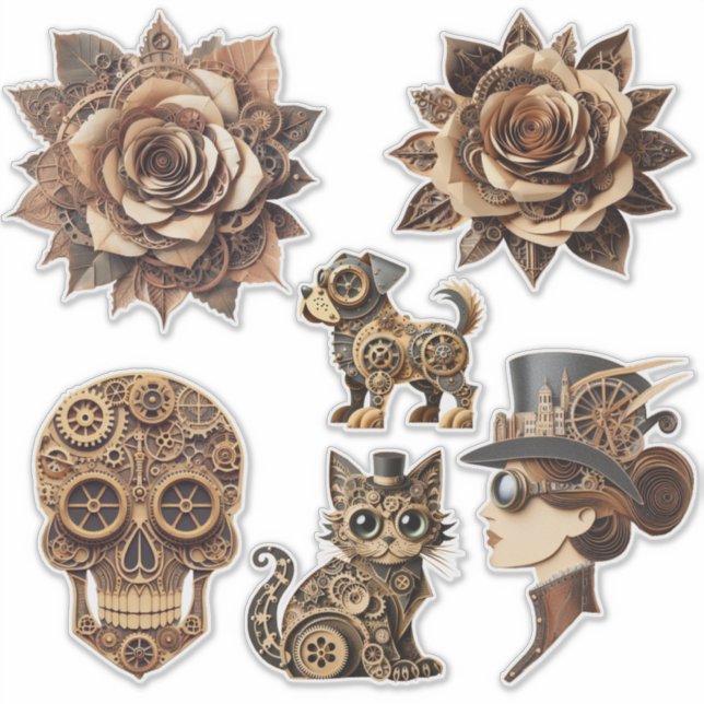 Adesivo Homem mulher animais arte em papel steampunk (Frente)