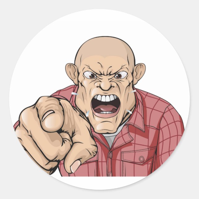 Adesivo Homem zangado com cabeça raspada gritando e aponta (Frente)