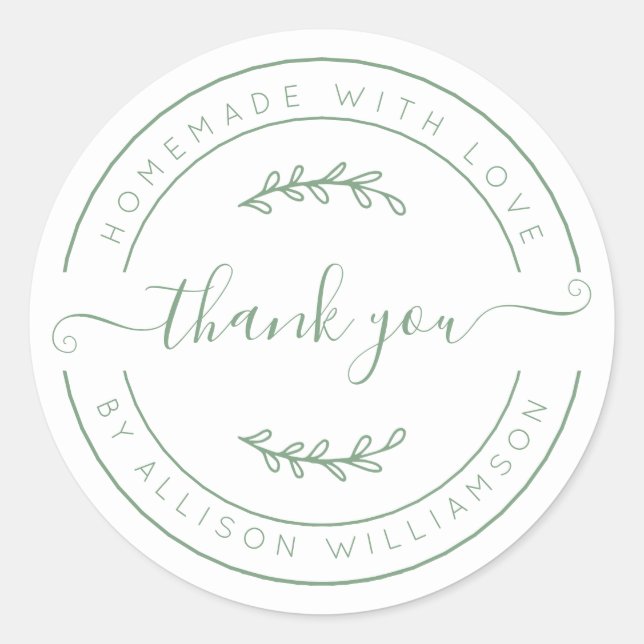 Adesivo Homemada Elegante Com Amor Branco Verde Obrigado (Frente)