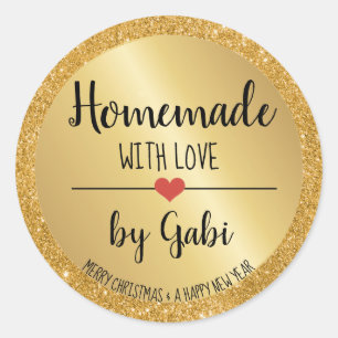 Adesivo Homemade com amor, glitter de ouro, tampa de jarro