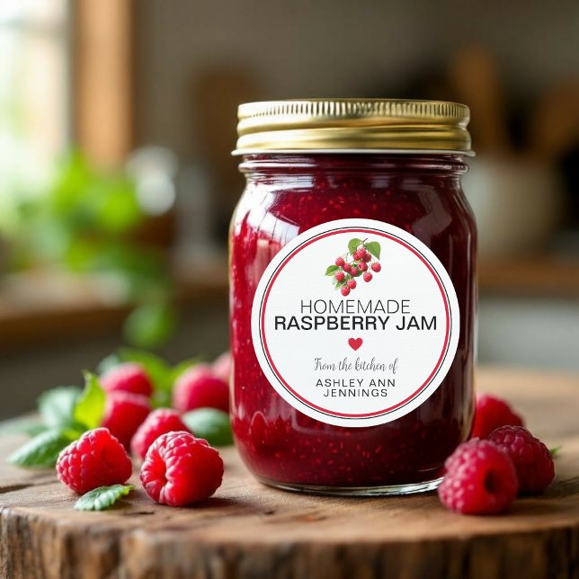 Adesivo Homemade Raspberry Jam Label | From the Kitchen Of (A jam jar without personalized homemade raspberry jam label)