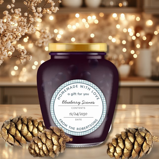 Adesivo Homemade with Love Teal Gingham Food Gift (Homemade with Love Teal Gingham A Gift for You Classic Round Sticker)