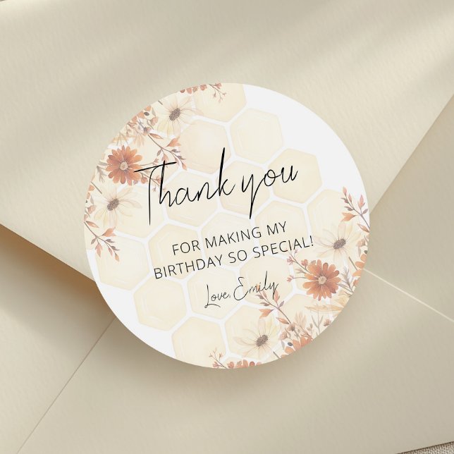 Adesivo Honey Bee Boho Wildflower Birthday Obrigados (Criador carregado)