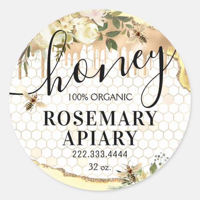 Adesivo Honey Jar Honeycomb Bee Apiary Comida Classy Round (Frente)