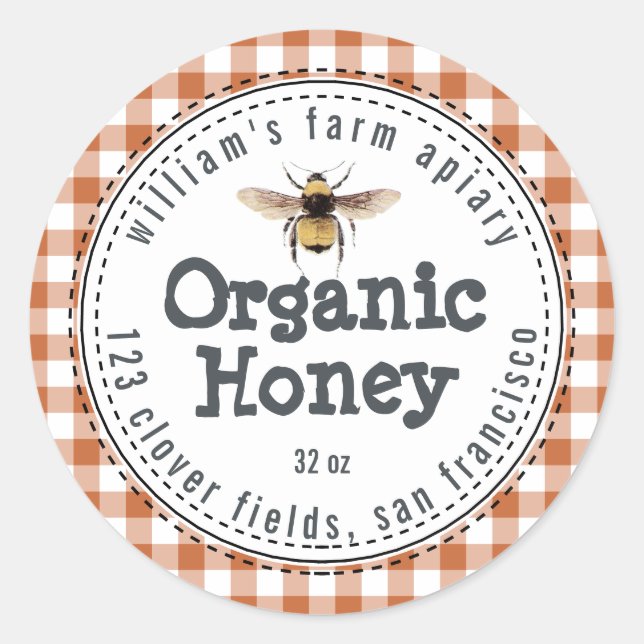 Adesivo Honey Jar Label Honeybee Apiary Burnt Orange Check (Frente)