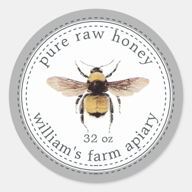 Adesivo Honey Jar Label Honeybee Apiary Cinza (Frente)