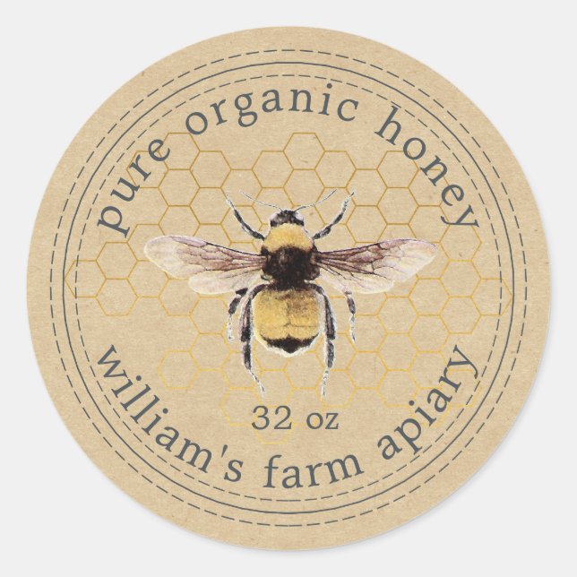 Adesivo Honey Jar Label Honeybee Apiary Honeycomb Kraft (Frente)