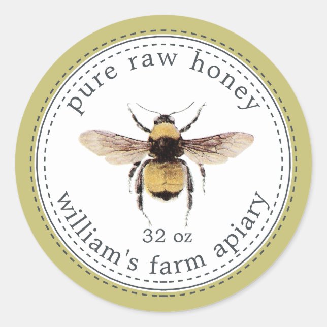 Adesivo Honey Jar Label Honeybee Apiary Olive Green (Frente)