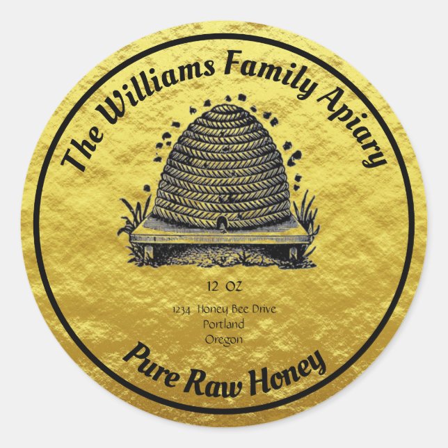 Adesivo Honeybee Honey Faux Dourado Jar Apiary Label | Mel (Frente)