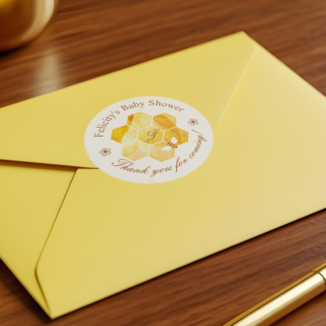 Adesivo Honeycomb Aquarela Flor e Chá de fraldas de Abelha (Honeycomb Watercolor Flower & Bee Baby Shower Classic Round Sticker)