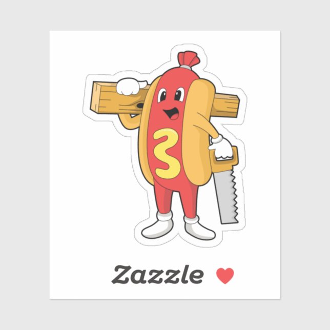 Adesivo Hotdog como carpinteiro com serra e madeira (Folha)