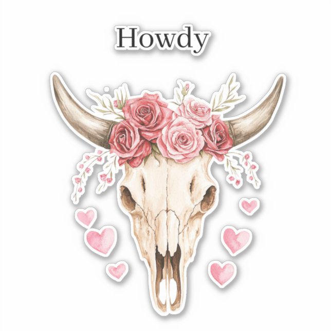 Adesivo Howdy Skull Pink Roses Hearts (Frente)