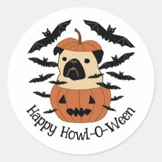 Adesivo Howl-O-Ween Pug num Jack-O-Lanterna com Bats