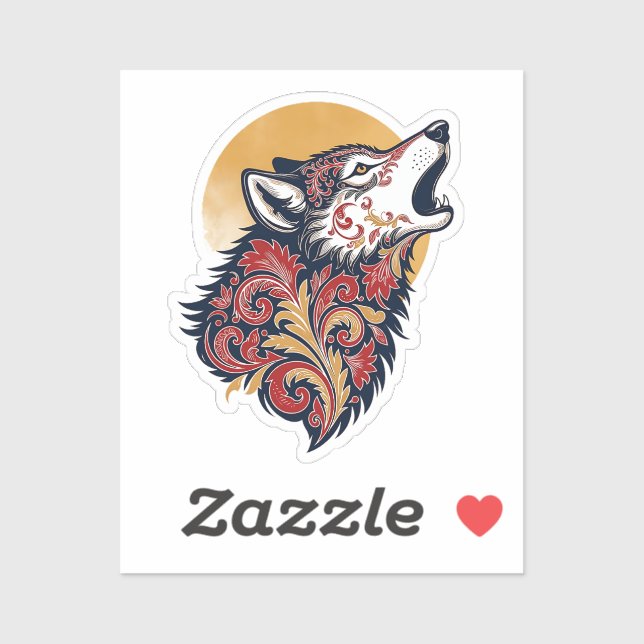 Adesivo Howling Wolf Head - Ornamental Paisley Profile wi (Folha)