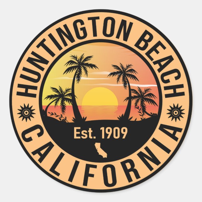 Adesivo Huntington Beach California Retro Sunset Souvenirs (Frente)