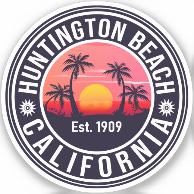 Adesivo Huntington Beach California Retro Sunset Souvenirs (Frente)