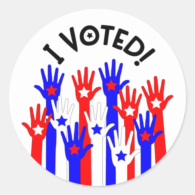 Adesivo I voted! Red white blue stars voting hands (Frente)