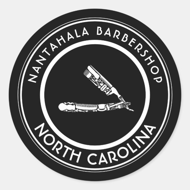 Adesivo ícones clássicos de barbearia personalizáveis (Frente)