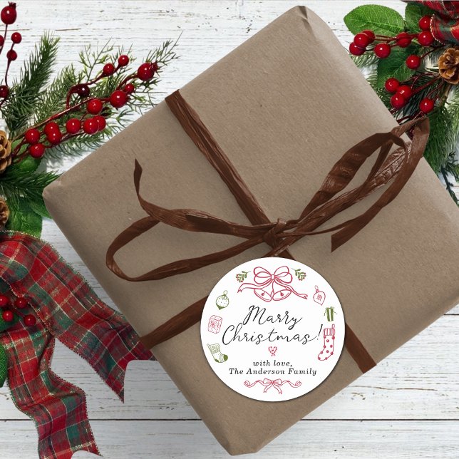Adesivo Ícones de feriado Whimsical com Design verde verme (Merry Christmas Red and Green Doodles Classic Round Sticker)