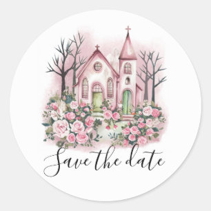 Adesivo igreja cor-de-rosa floral aquarela salvar a data