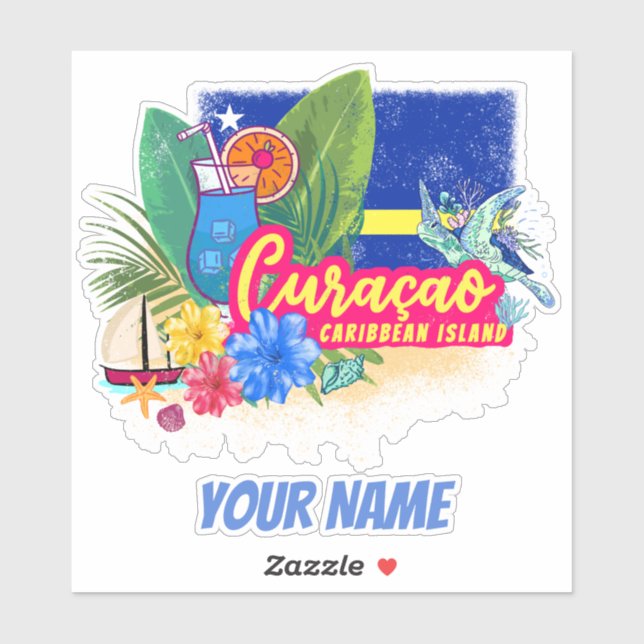 Adesivo Ilha de caribe Retro Curacao com vinheta de tartar (Folha)