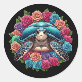 Adesivo Ilustração Colorida da Tartaruga Cercada por Rosas