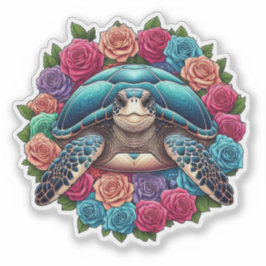 Adesivo Ilustração Colorida da Tartaruga Cercada por Rosas
