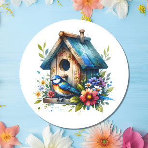 Adesivo Ilustração de Aquarela de Birdhouse e Bird