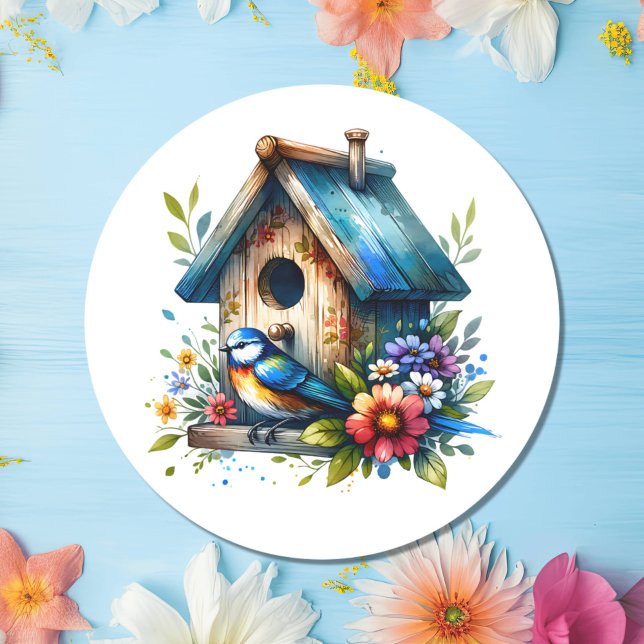 Adesivo Ilustração de Aquarela de Birdhouse e Bird (Criador carregado)