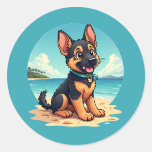 Adesivo Ilustração de Cachorro Pastor Alemão Fofo na Praia