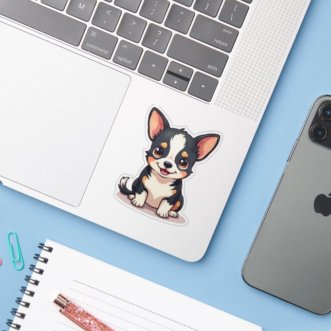 Adesivo Ilustração de Chihuahua Kawaii Sorridente (Notebook com iPhone)