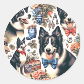 Adesivo Ilustração de Collie de Borda de Vintagem de Corte