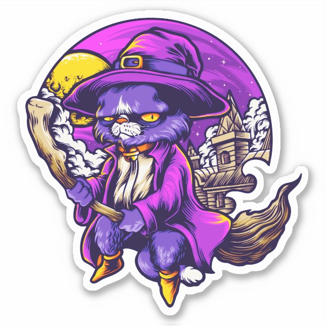 Adesivo Ilustração de Gatinho Voador Bruxa (Frente)