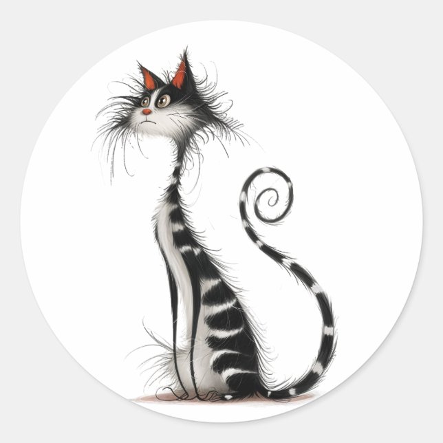 Adesivo Ilustração de Gato com Striped Preta Whimsical (Frente)