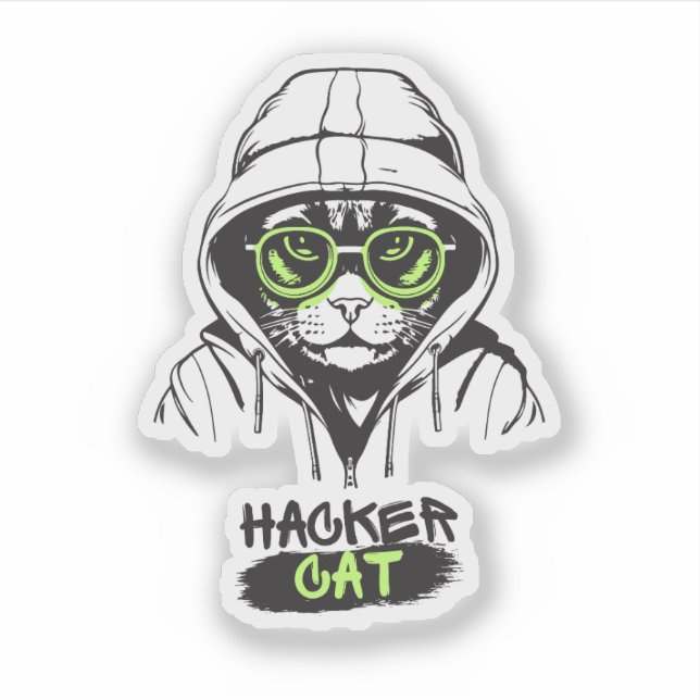 Adesivo Ilustração de Gato Hacker Fofo – Presente de Ciber (Frente)