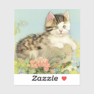Adesivo Ilustração de Gato Vintage com Flores Rosa