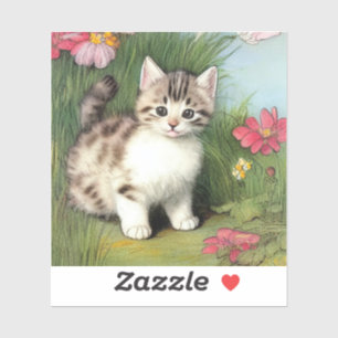 Adesivo Ilustração de Gato Vintage com Flores Vermelhas