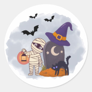 Adesivo Ilustração de Múmia e Gata Preta Bruxa de Hallowee