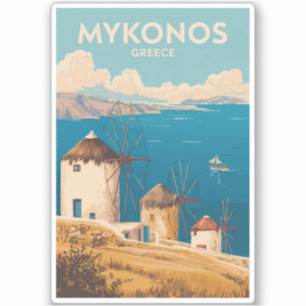 Adesivo Ilustração de Mykonos Grécia Arte de Viagem Vintag