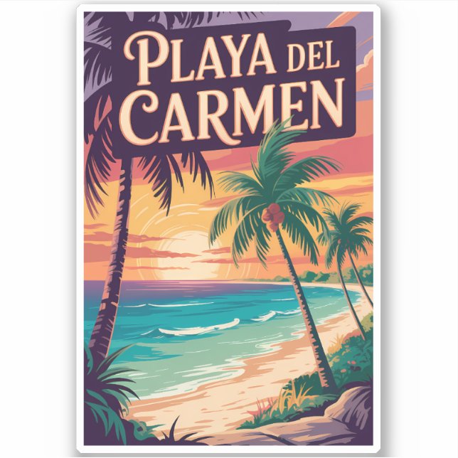 Adesivo Ilustração de Playa del Carmen Arte de Viagem Vint (Frente)