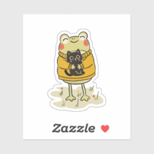 Adesivo Ilustração de Sapo Kawaii Cottagecore e Gato Preto