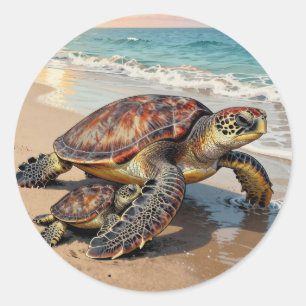 Adesivo Ilustração de Tartaruga Marinha e Bebê na Praia