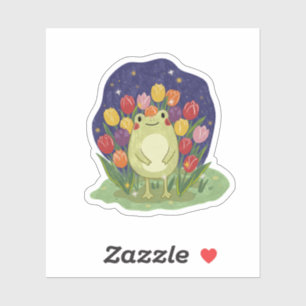 Adesivo Ilustração de um Sapo Fofo em um Jardim de Tulipas