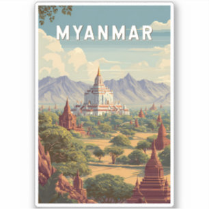 Adesivo Ilustração de Viagem de Arte Vintage de Mianmar