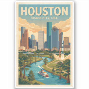 Adesivo Ilustração de Viagem de Arte Vintage Houston Texas