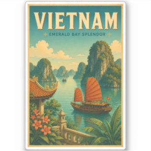 Adesivo Ilustração de viagem retro da Baía de Ha Long no V