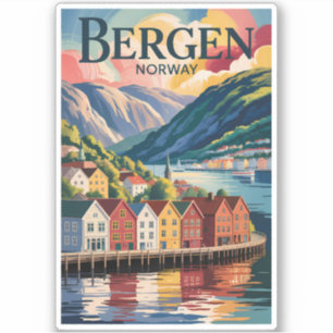 Adesivo Ilustração de viagem vintage Bergen Noruega